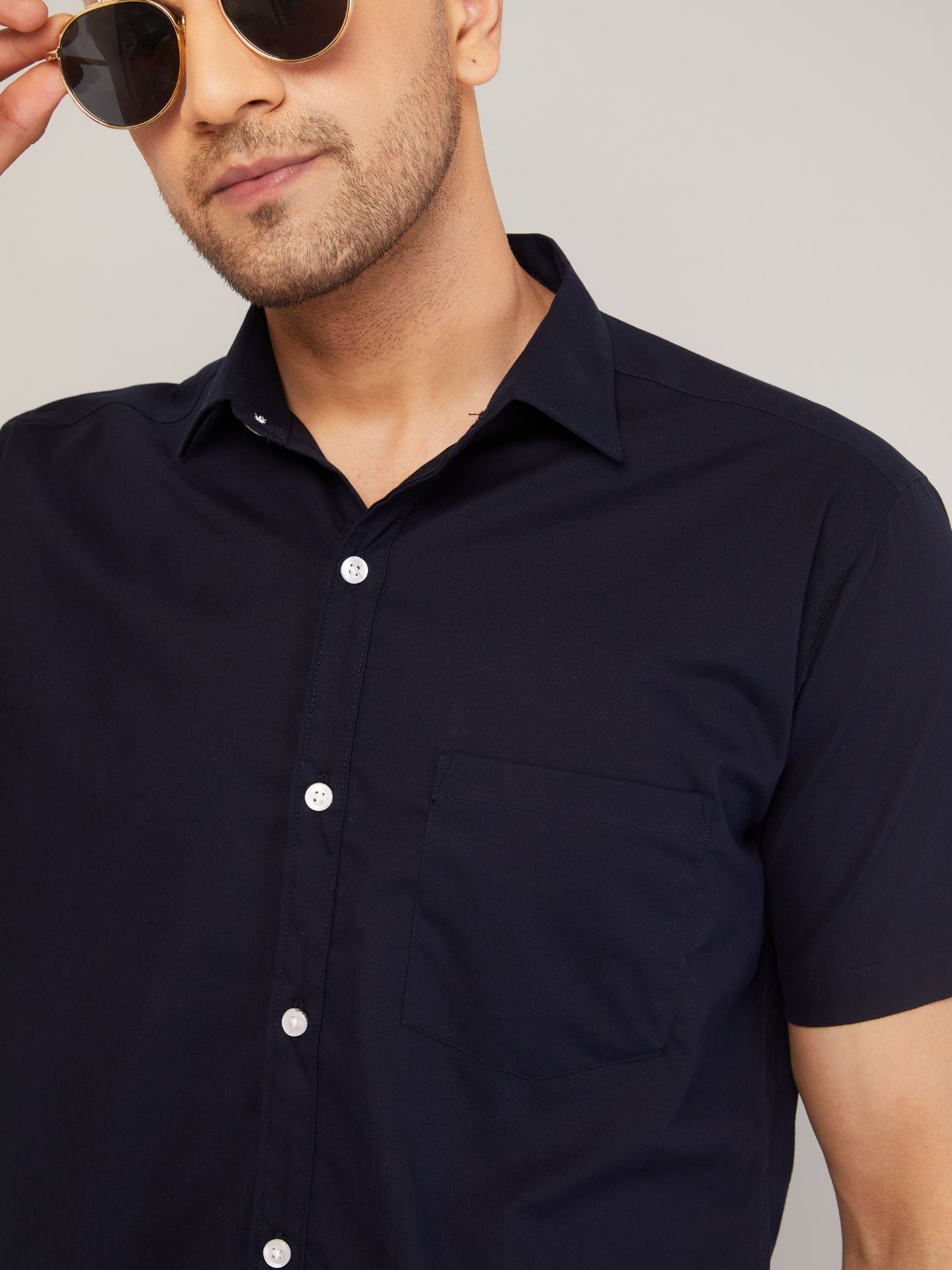 Louis Monarch Men Regular Fit Solid Navy Blue Spread Collar Casual Half Shirt